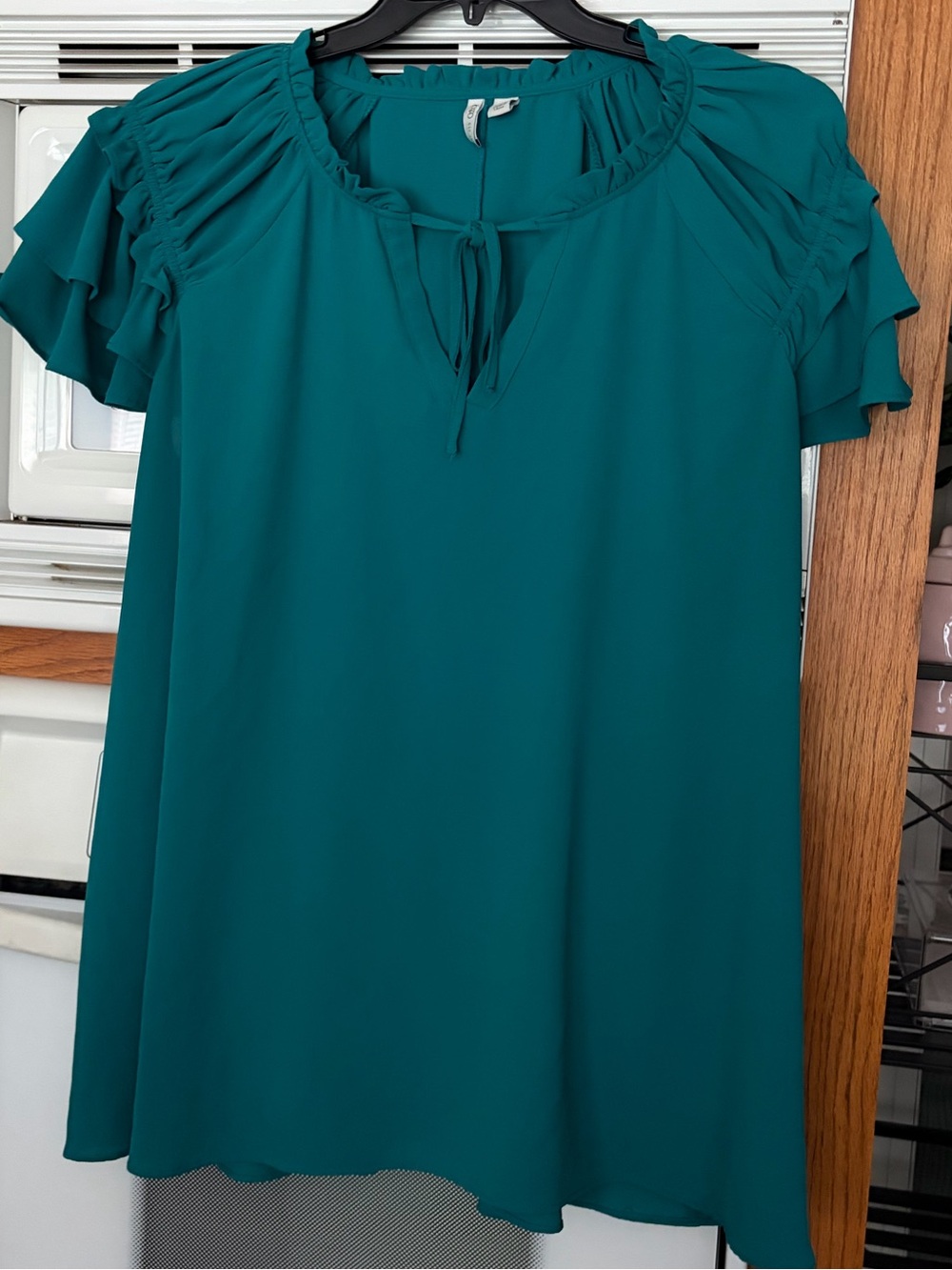 Cato Teal Ruffle Sleeve Tie-Neck Blouse